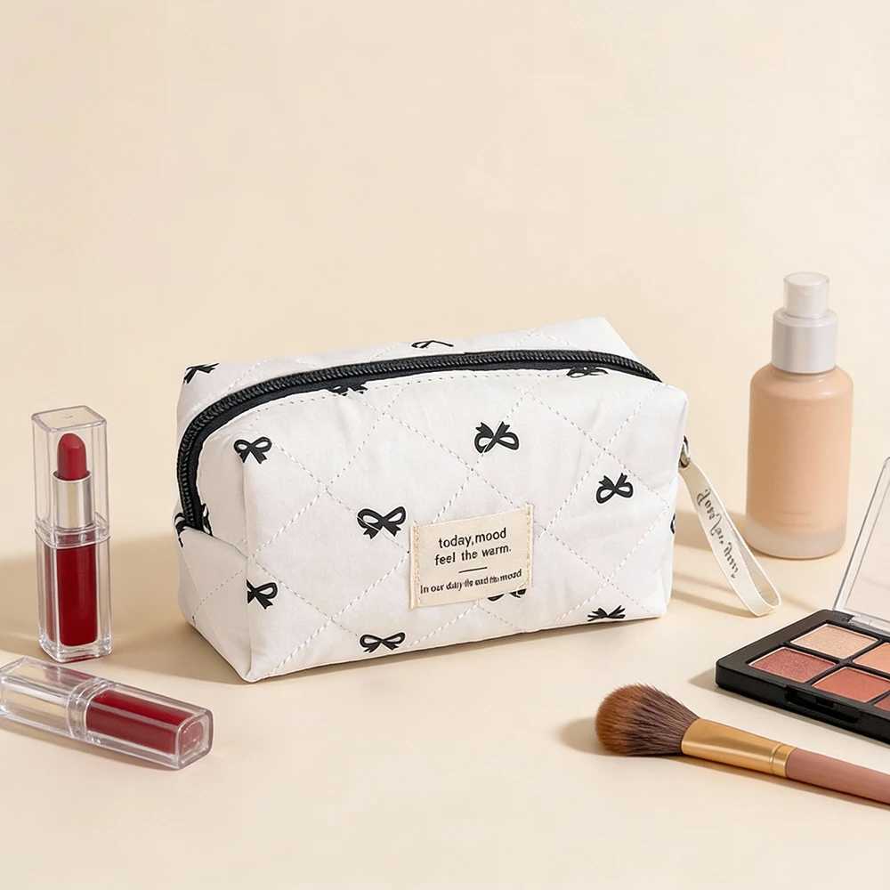 Airfriend Cosmetic Bag With Bows Large Soft Cosmetic Toiletries Pouch Cotton Cosmetic Bag Quilted Woman Makeup Bag Travel Pouch D260328