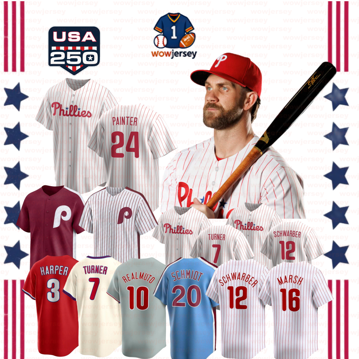 Phillies Andrew Painter Baseball Jersey Bryce Harper Jhoan Duran J.T. Realmutos Trea Turner Aaron Nola Zack Wheeler Nick Castellanos Kyle Schwarber with USA250 patch