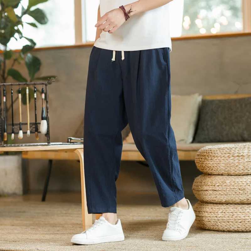 Mens Trousers Cotton Linen Fashion Casual Pants Solid Color Breathable Loose Shorts Straight Drawstring Pants Streetwear Men a03 M260328