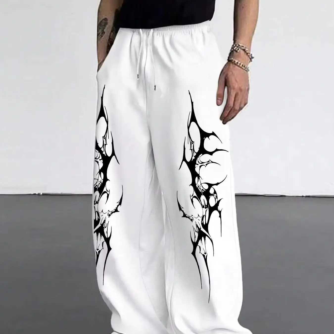 Gothic Tattoo Print Mens Casual Sporty Loose Straight Leg Trousers New Style for All Seasons Streetwear men pants M260328