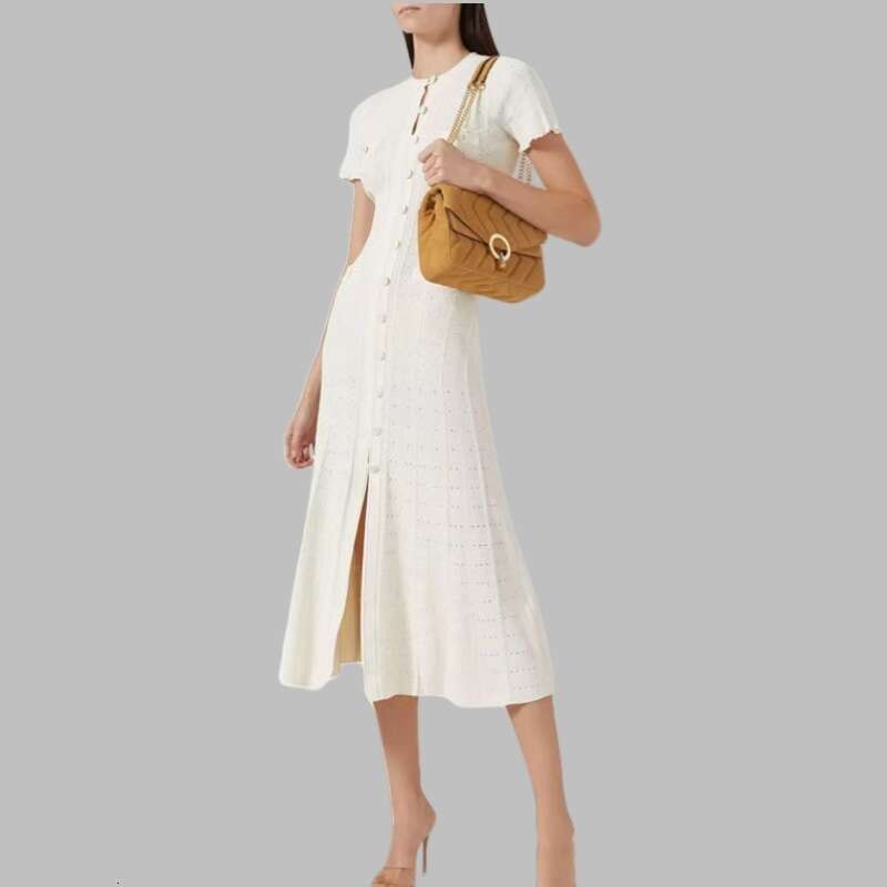 2026 k30 Spring/Summer Designer Women's Small CC Fragrant Hollow out Ruffle Lace Sleeves Slim Knitted Dress
