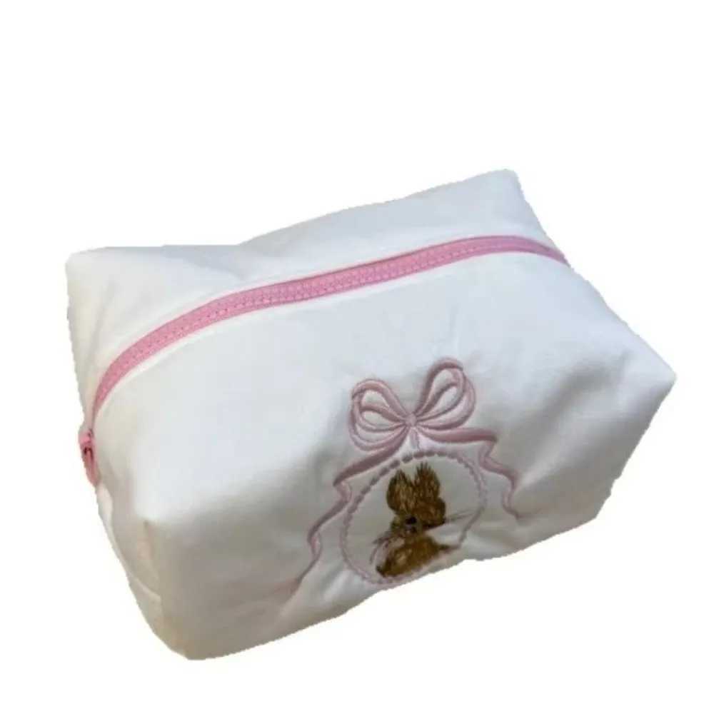 Kawaii Rabbit Cosmetic Bag Lace Bow Large Capacity Makeup Organizer White Pink Zipper Closure Travel Toiletry Bag Women Girls D260328
