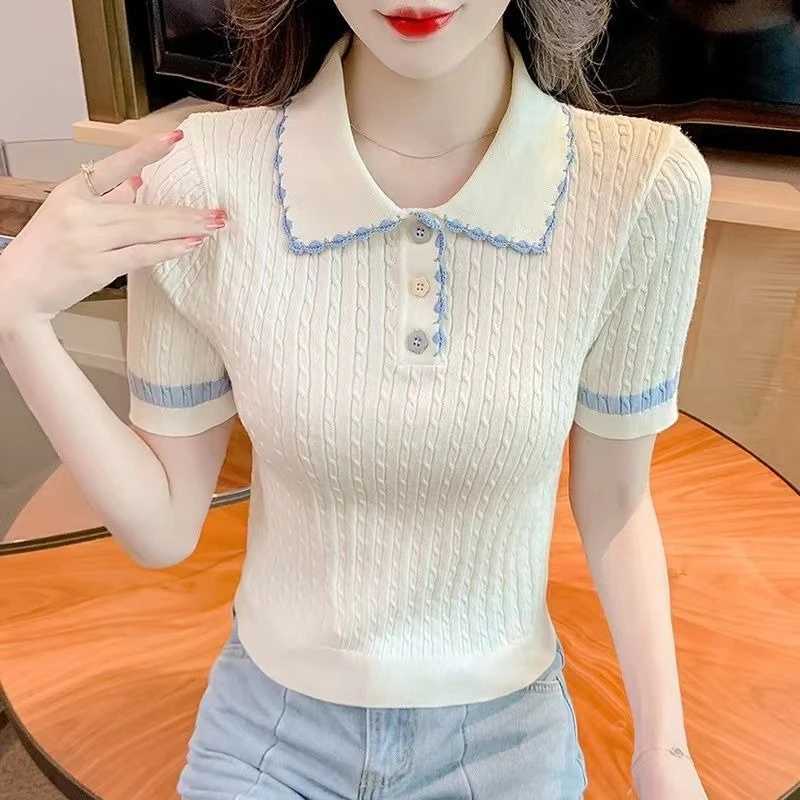 2026 Womens Ice Silk T-Shirt Polo Collar Short Sleeve Top Slim Fit Sweet Knit Shirt for Summer D260328
