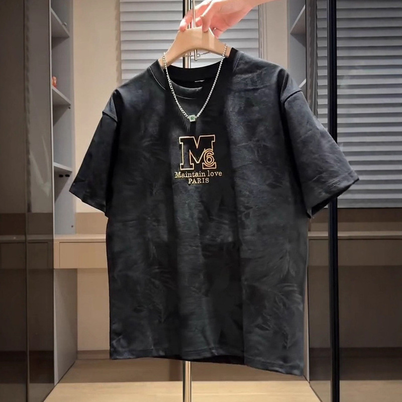 Men's T-shirt Luxury Men Clothing Retro Black Tee Embroidered Full Leaf Pattern With Gold Embroidery Color-block Number Decoration Adds Layers Da