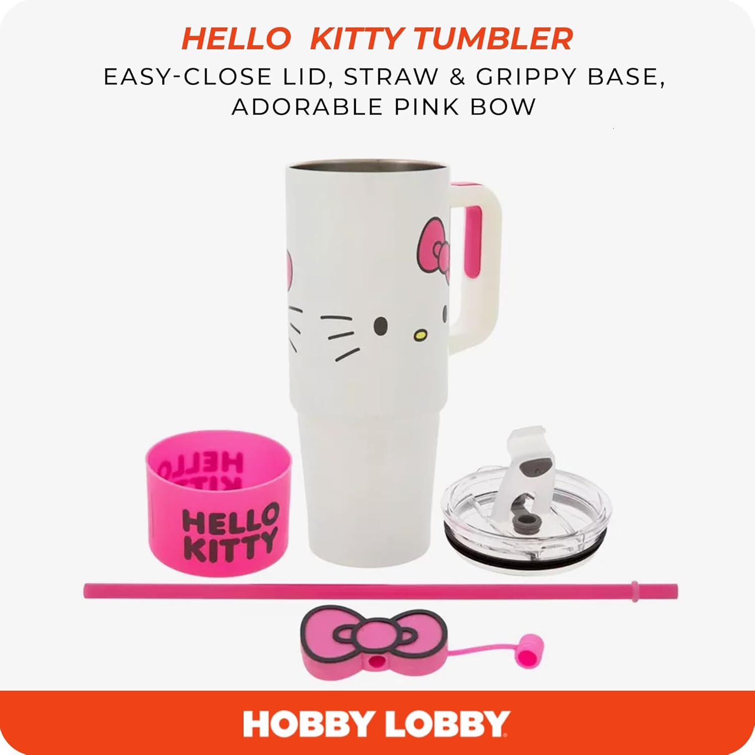 Hobby Lobby Hello Kitty Stainless Steel Tumbler with Straw Grip Base 30 Oz White Pink Gray Yellow