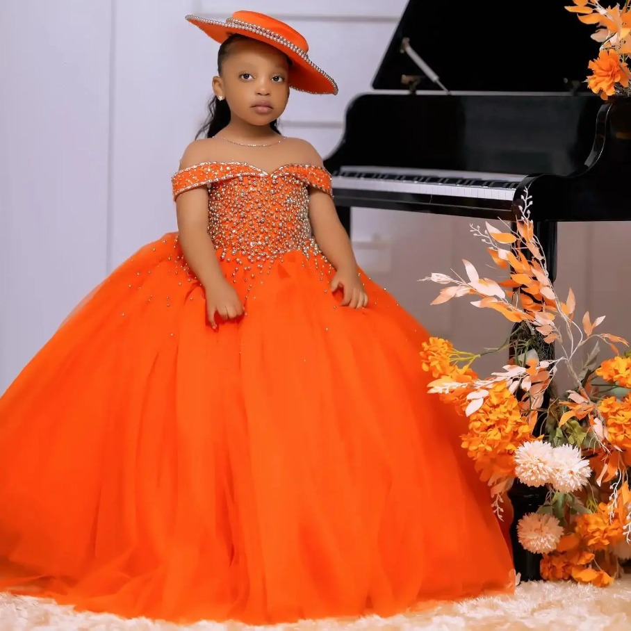 Gorgeous Orange Pageant Elegant Ball Gown Off Shoulder Crystals Beads Flower Girl Dresses for Wedding Party Birthday Formal Occasions M27
