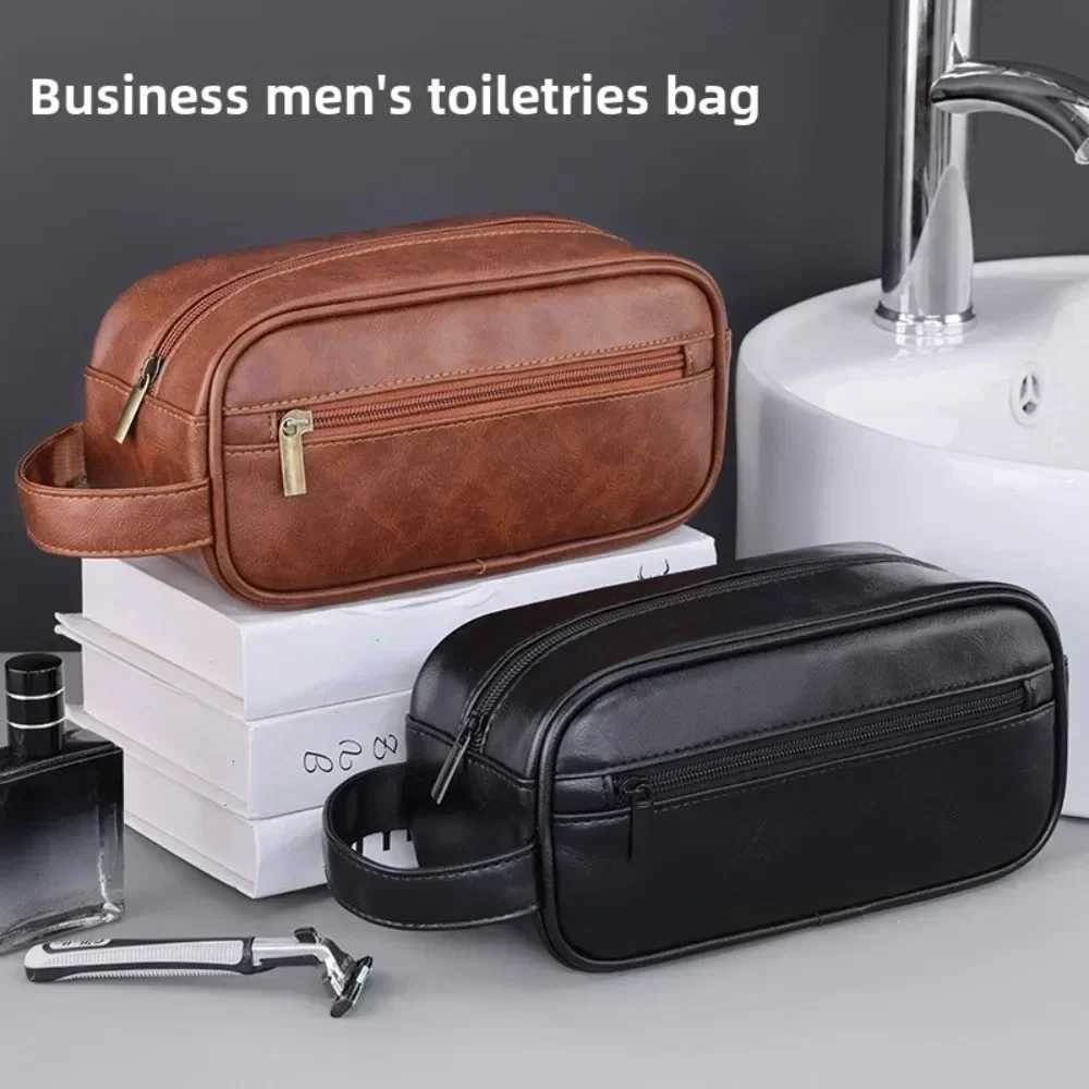Men Leather Wash Bag Travel Business Trips Portable Cosmetic Bag Large Capacity Multi Pocket Design Handheld Leather Wash Bag D260328