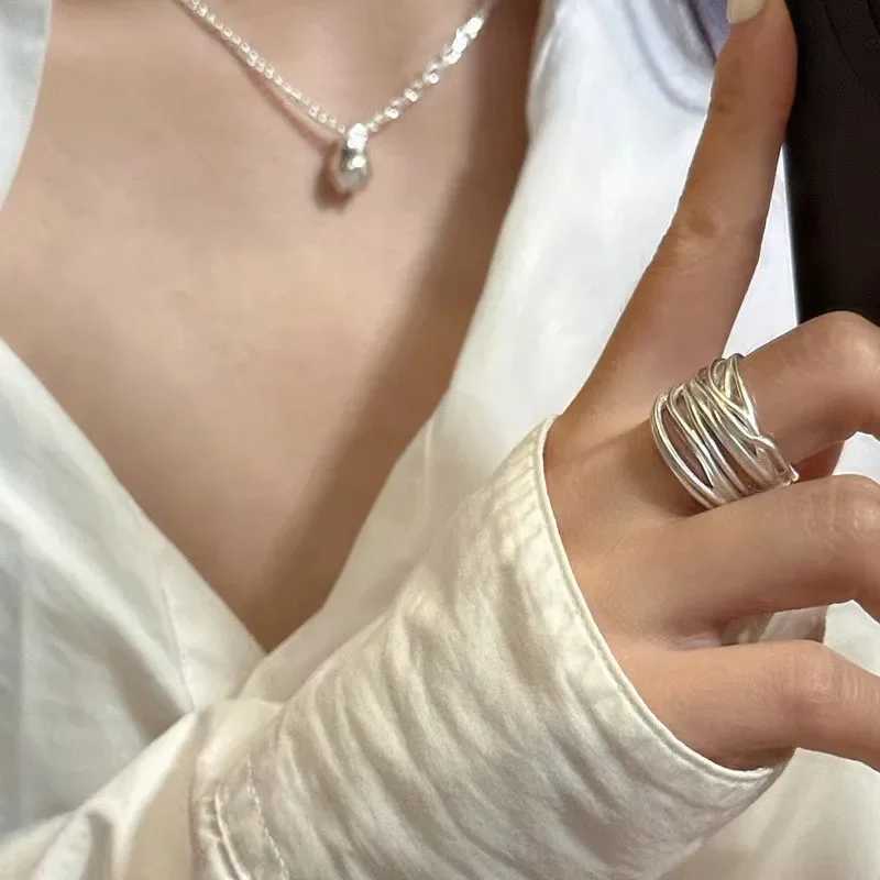 925 Sterling Silver Open Rings For Women Handmade Geometric Irregular Cross Lines Wide Ring Fashion Party Jewelry Holiday Gifts H260328
