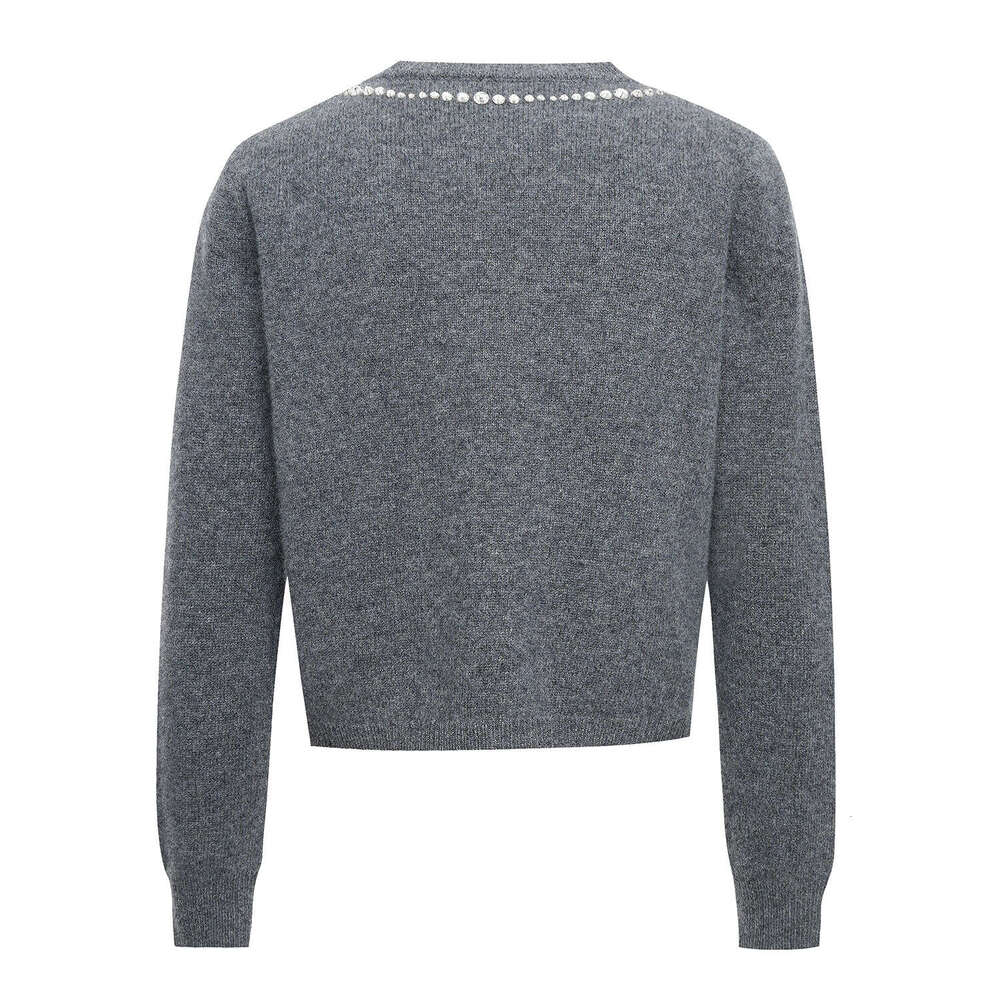 2026 autumn new designer k30 slim fit elegant gray heavy rhinestone bow long sleeved CC fashionable knitted cardigan top
