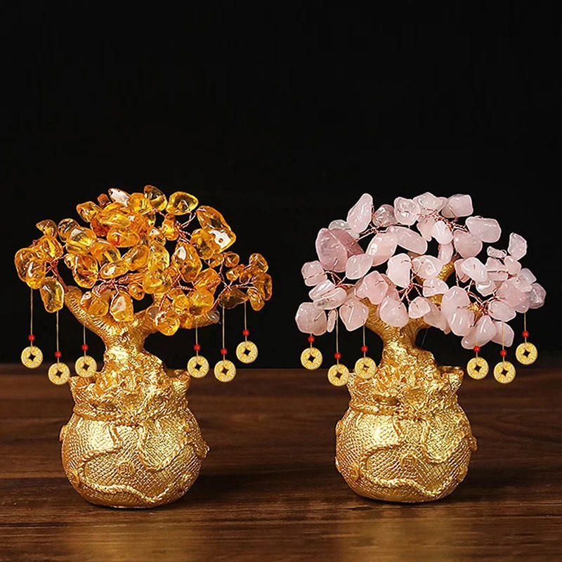 1PC Lucky Tree Wealth Yellow Crystal Tree Natural Money Tree Ornaments Bonsai Style Wealth Luck Feng Shui Ornaments Craft 260317