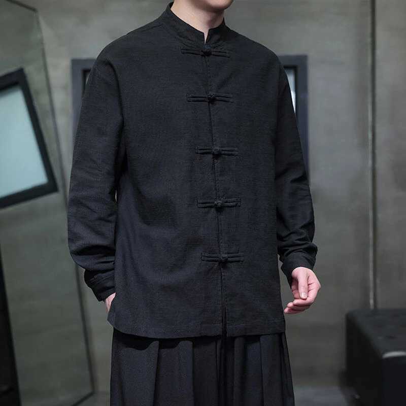 Chinese Style Men Long Sleeve Casual Shirt New 2026 Spring Vintage Mandarin Collar Loose Male Cotton Linen Tops Shirts N055 C260326