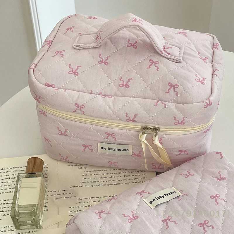 YY26 Pink Bowknot Quilting Cosmetic Bag Women Portable Zipper Makeup Organizer Female Handbag Toiletry Pouch For GirlsYY26 D260328
