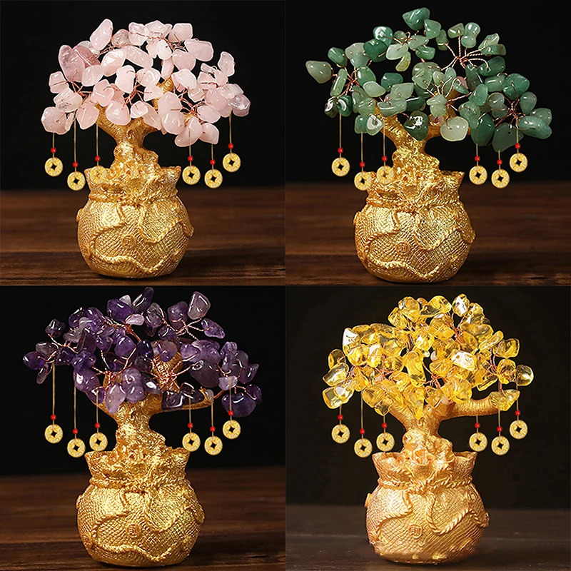 1PC Lucky Tree Wealth Yellow Crystal Tree Natural Money Tree Ornaments Bonsai Style Wealth Luck Feng Shui Ornaments Craft 260317