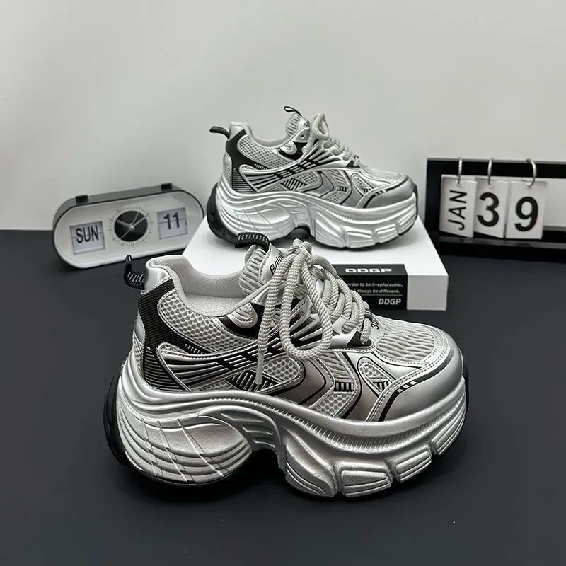 2026 Spring/Summer New Arrival Women's Platform Sneakers Fashionable Versatile Casual Shoes Size 35-40 Silvery
