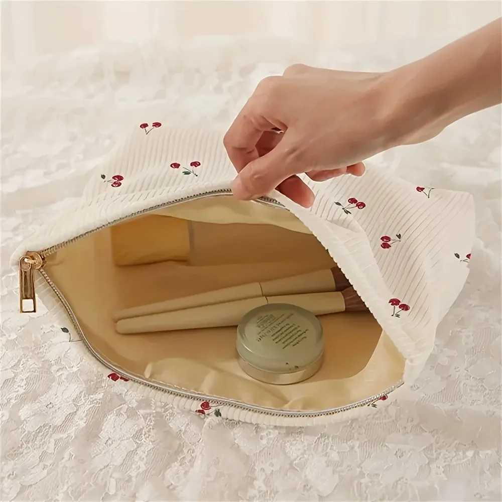 Casual Cherry Print Corduroy Zipper Pouch Makeup Bag Handbag Multifunctional Toiletry Organizer Cosmetic Storage Box with Lining D260328