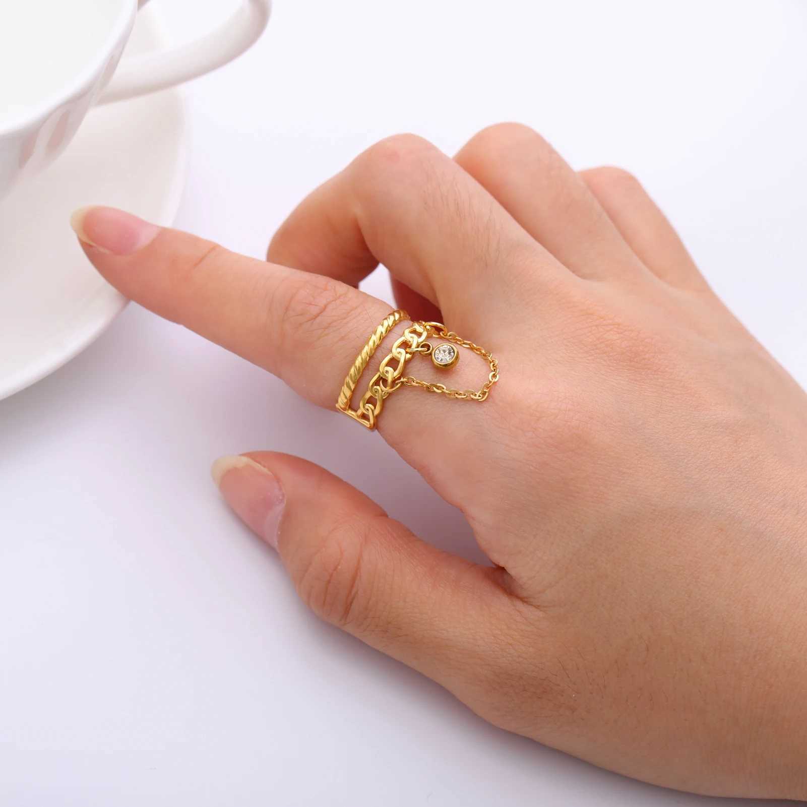 Lemegeton Open Ring for Couple Small Charm Jewelry Stainless Steel Chain Accessories Heart Zircon Beauty Fried Dough Twists New H260328