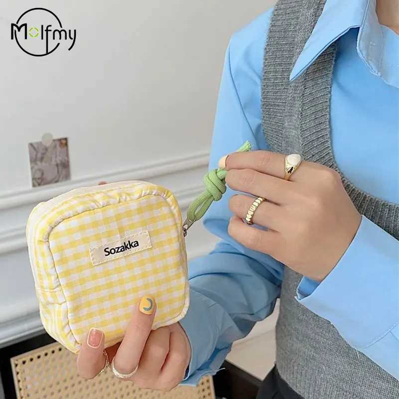 Plaid Mini Cosmetic Bag for Makeup Candy Color Make Up Sanitary Napkin Storage Bags Cotton Cloth Wallet Purse Pouch 2025 New D260328
