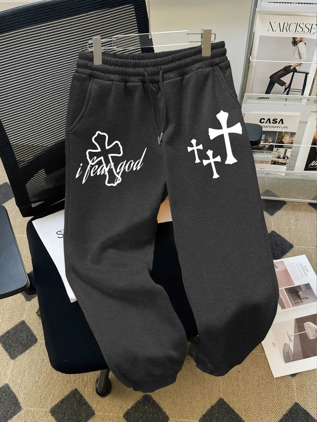 Mens Trousers with Faith Cross and I Need God Print Drawstring Track Pants Daily Wear Sweatpants with Religious Symbols Pattern M260328