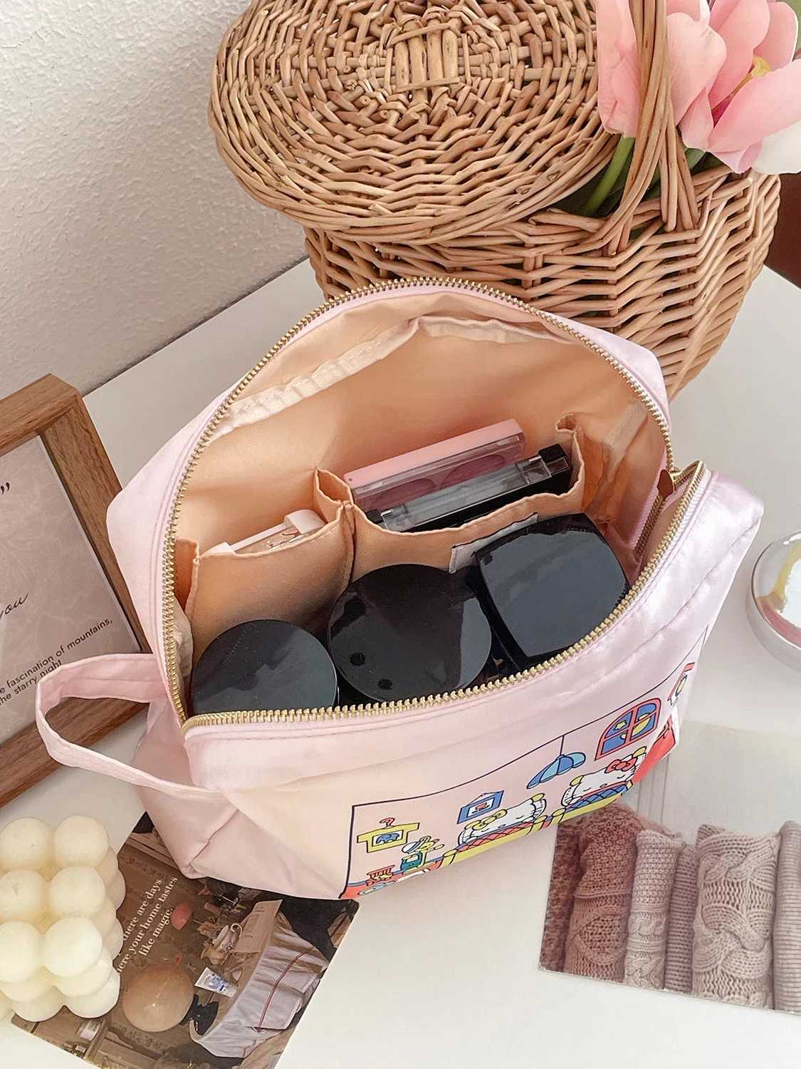Fashion Cute Hello Kitty Pink Cartoon Makeup Bag Travel Portable Handheld Toiletry Bag Cosmetics Storage Bag Girl Birthday Gifts D260328