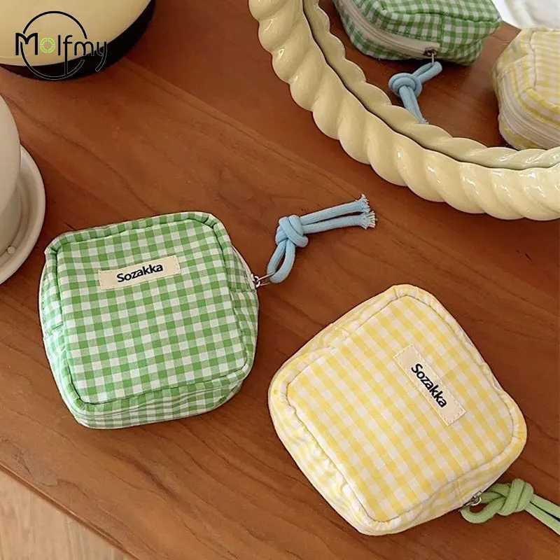 Plaid Mini Cosmetic Bag for Makeup Candy Color Make Up Sanitary Napkin Storage Bags Cotton Cloth Wallet Purse Pouch 2025 New D260328