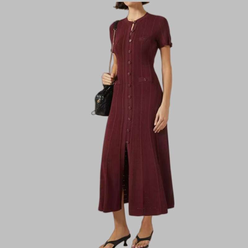 2026 k30 Spring/Summer Designer Women's Small CC Fragrant Hollow out Ruffle Lace Sleeves Slim Knitted Dress