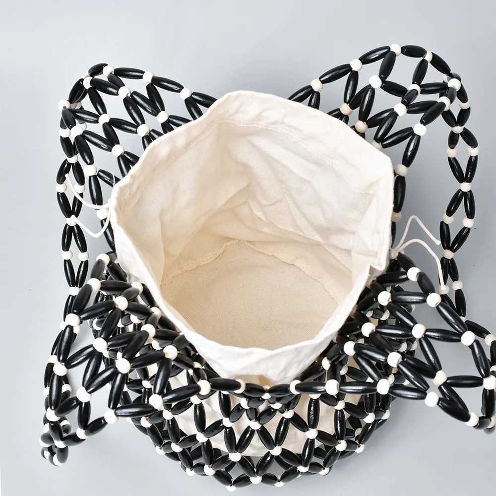 Women Woven Hand Bag Exquisite Design Hollow-out Wooden Bead Tote Bucket Shoulder Bag Female Handmade Beaded Handbag C260327