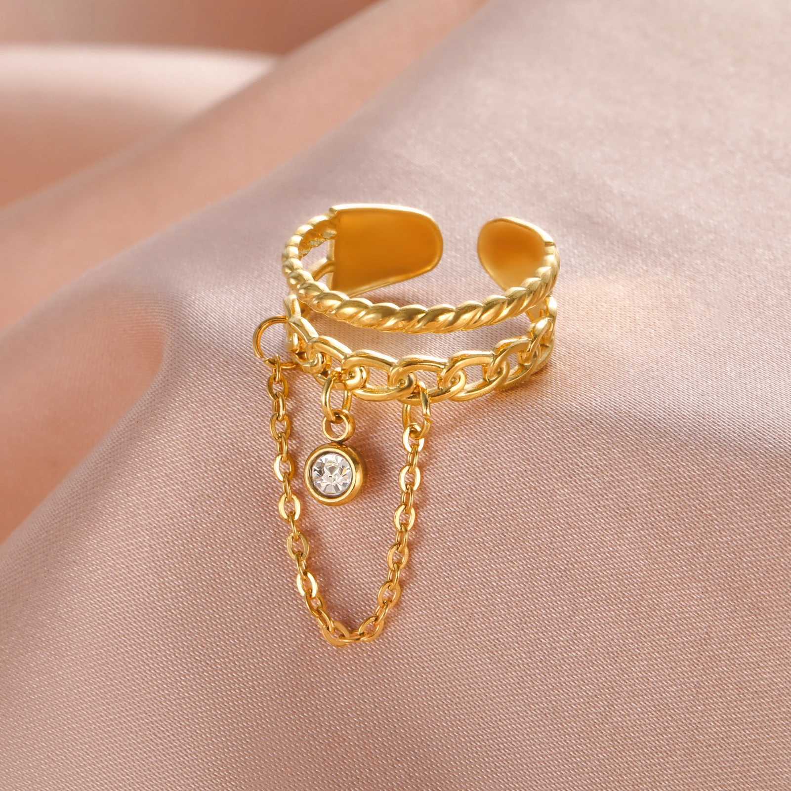 Lemegeton Open Ring for Couple Small Charm Jewelry Stainless Steel Chain Accessories Heart Zircon Beauty Fried Dough Twists New H260328