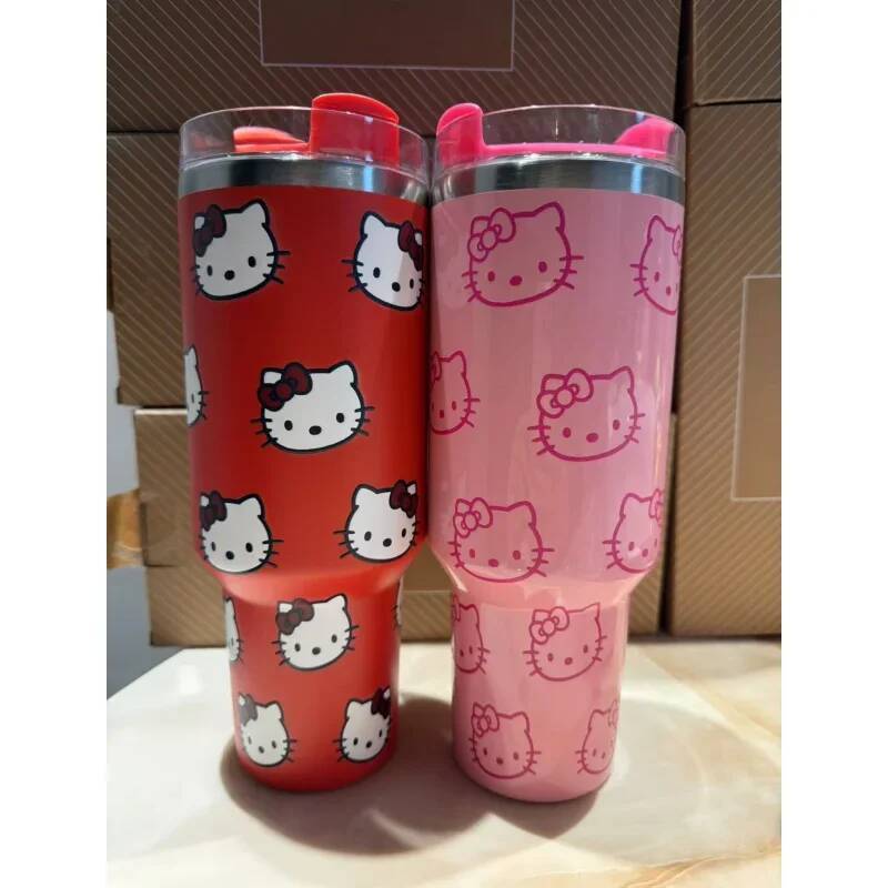 Designer Kawaii Hello Kitty 40Oz Stainless Steel Vacuum Cup Anime With Handle Straw Cup Coffee Cup With Packaging Box Quick Delivery Luxury Goods