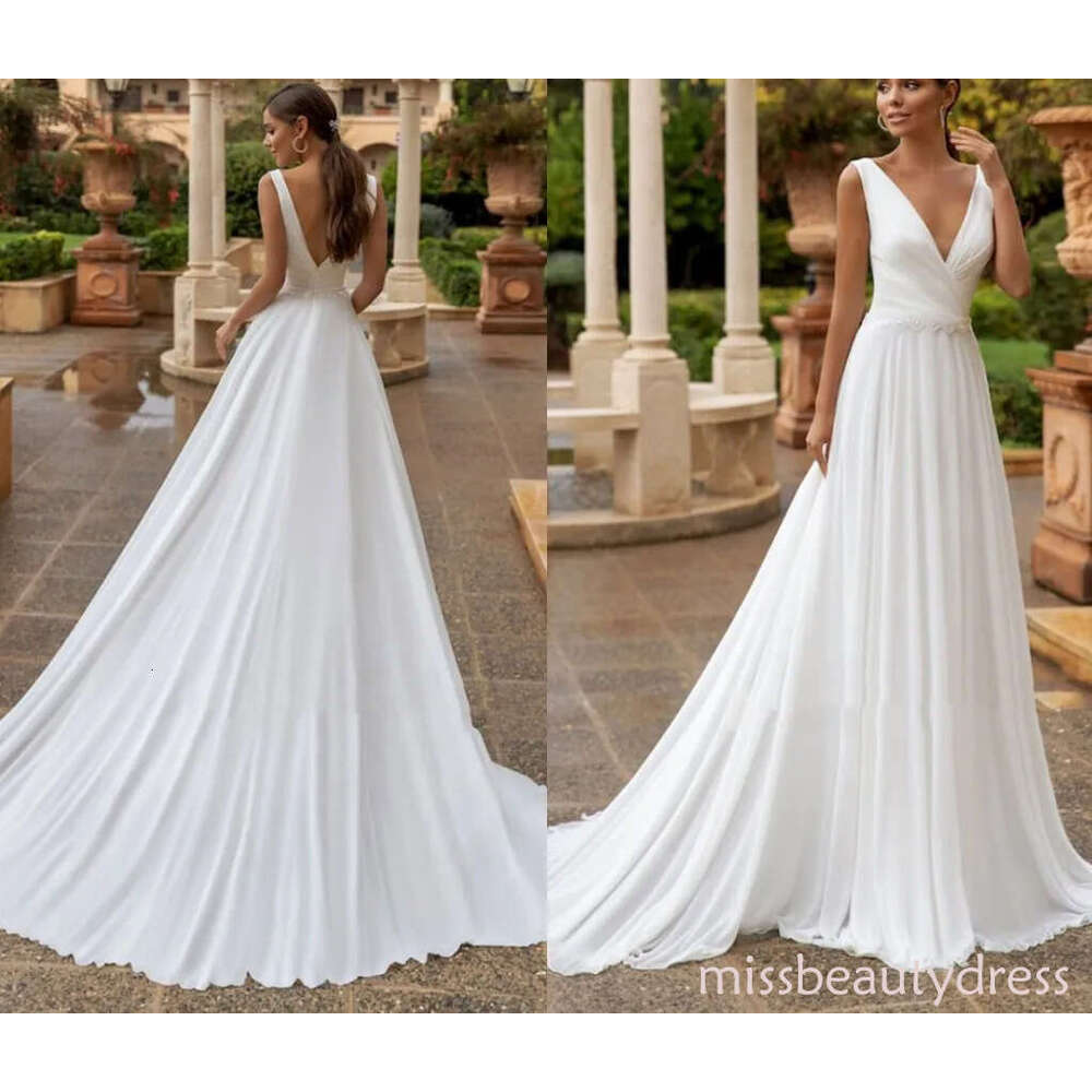 Modest Chiffon Wedding Dress For Bride V Neck Sleeveless A e Pleats Beach Boho Bridal Gowns Plus Size Custom Made Vestidos De Noiva ZD10