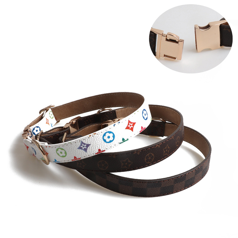 Pet collar with all metal buckle and old flower dog collar, adjustable PU dog collar