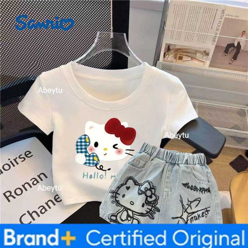 Sanrio Summer Baby Girls Clothes Set Toddler Kid Hello Kitty T-shirt Jeans Skirt 2pcs Suit Children Short Sleeve Top Bottom Tracksuit H2603281