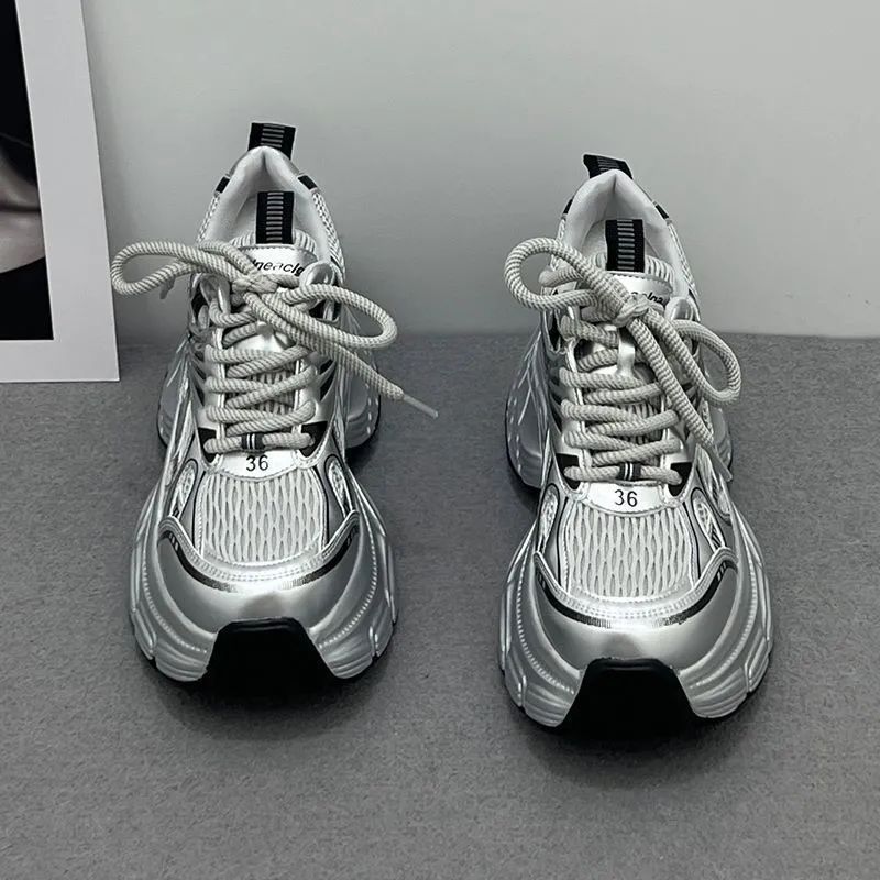 2026 Spring/Summer New Arrival Women's Platform Sneakers Fashionable Versatile Casual Shoes Size 35-40 Silvery