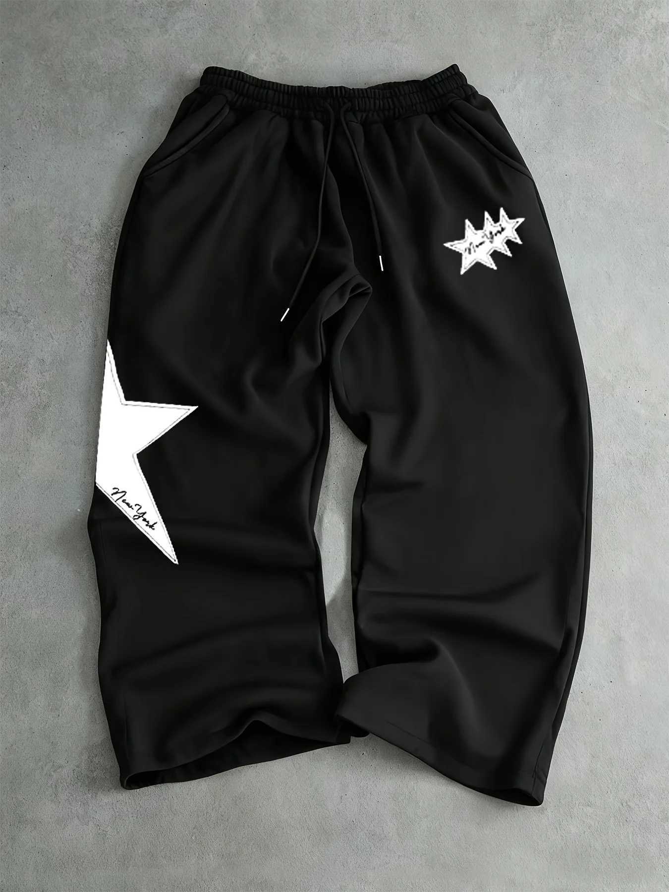 Mens Black Jogging Pants Text and Star Print Hip Hop Street Pants Drawstring Elastic Waistband Loose Casual Pants 2025 M260328