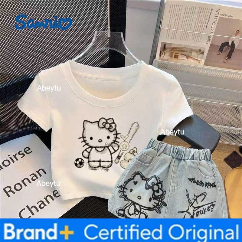 Sanrio Summer Baby Girls Clothes Set Toddler Kid Hello Kitty T-shirt Jeans Skirt 2pcs Suit Children Short Sleeve Top Bottom Tracksuit H2603281