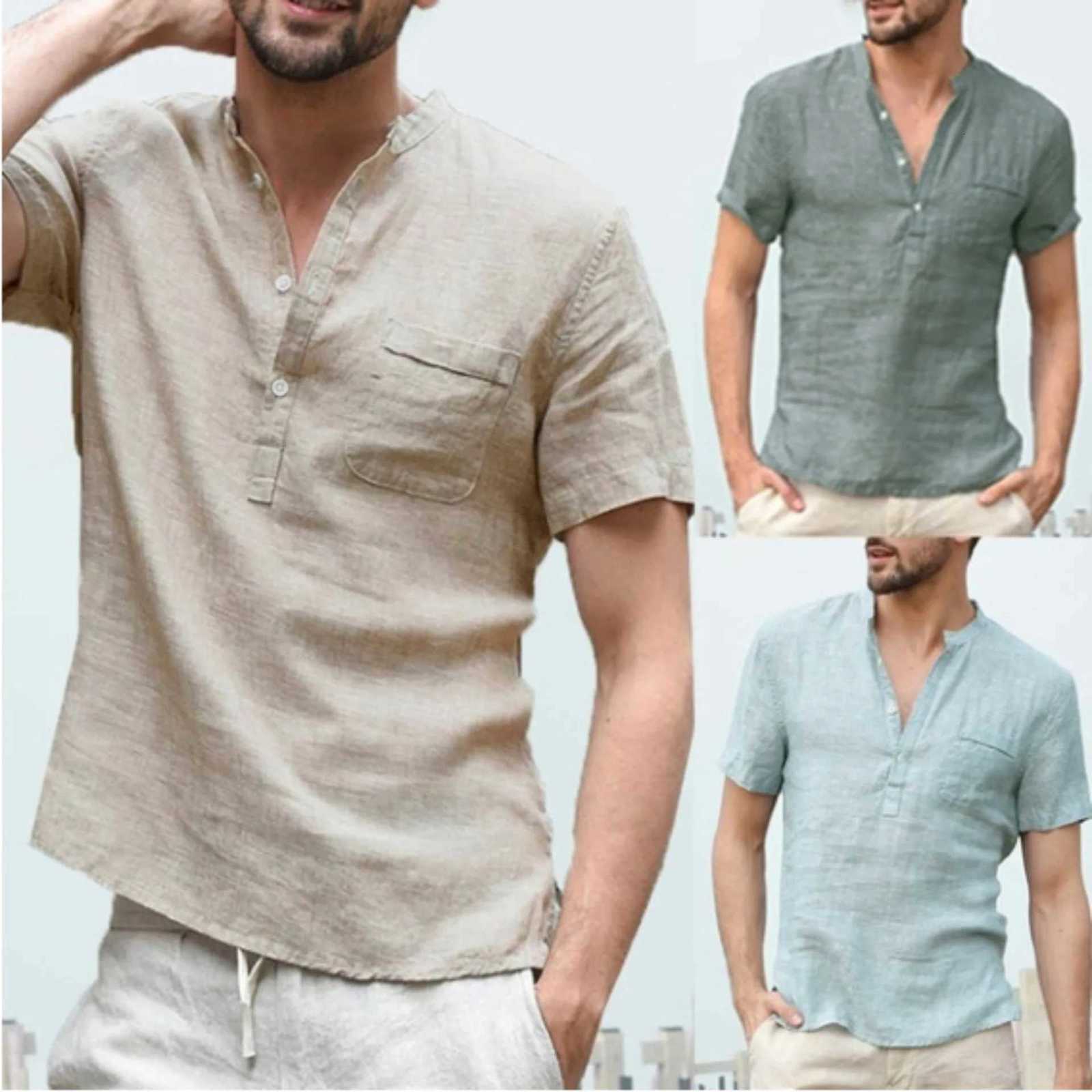 Cotton Linen Hot Sale Men Short-Sleeved Shirts Summer Color Henley Collar Casual Beach Style Hawaiian Vacation shirts for man C260326
