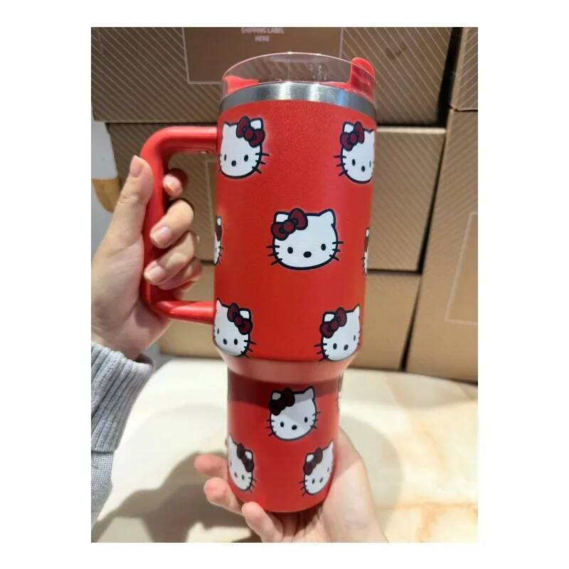 Designer Kawaii Hello Kitty 40Oz Stainless Steel Vacuum Cup Anime With Handle Straw Cup Coffee Cup With Packaging Box Quick Delivery Luxury Goods
