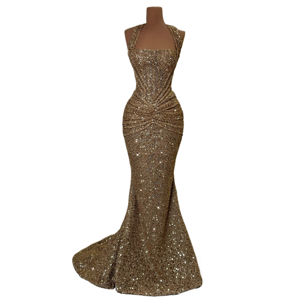 Glitter Champagne Sequined Mermaid Evening Dresses Sexy Halter Neck Shiny Sequins Prom Dress Vestidos De Noche Floor-Length Formal Party Gowns M27