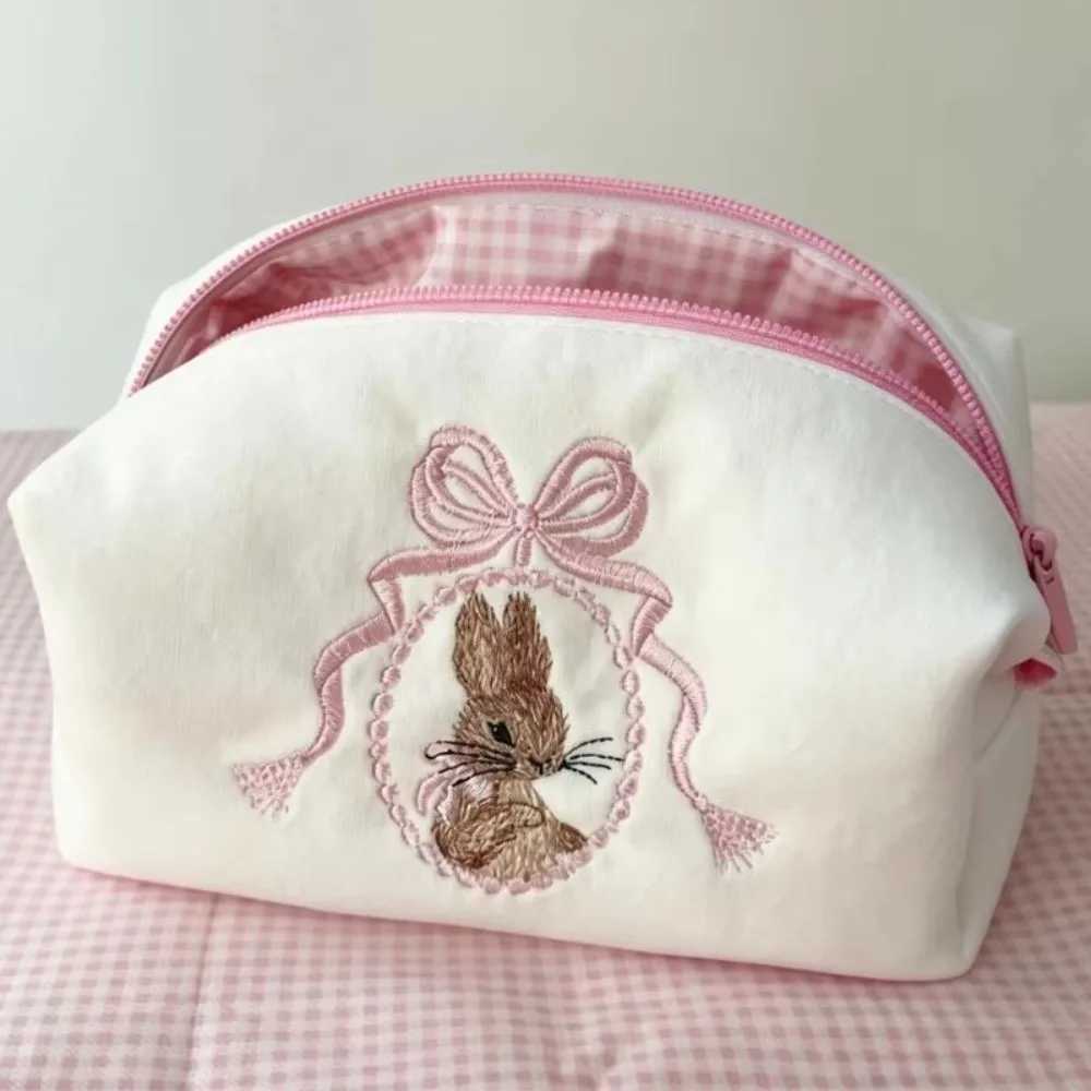 Kawaii Rabbit Cosmetic Bag Lace Bow Large Capacity Makeup Organizer White Pink Zipper Closure Travel Toiletry Bag Women Girls D260328