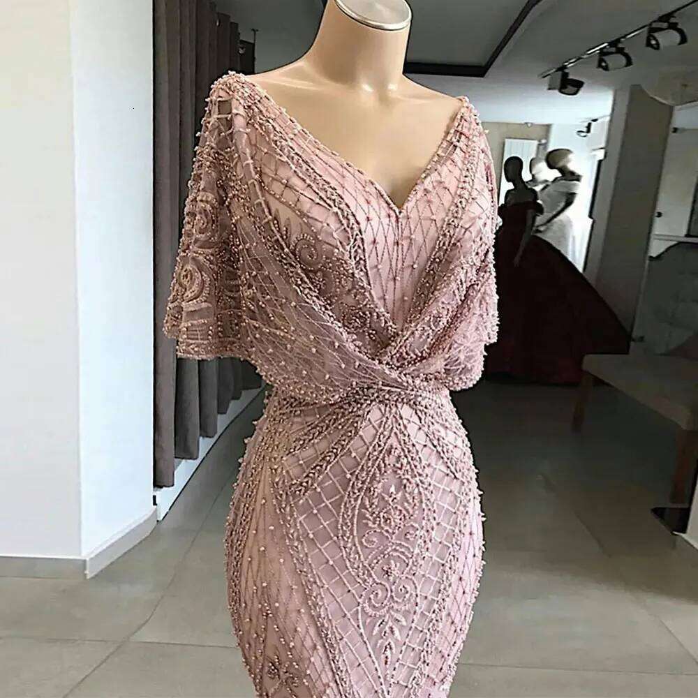 Prom Evening Dresses Vintage Lace Pink Evening Women's V-Neck Cap Shoulder Sleeves Prom Gonws Floor Length Formal Gala Robe Party Dress Youmaigow