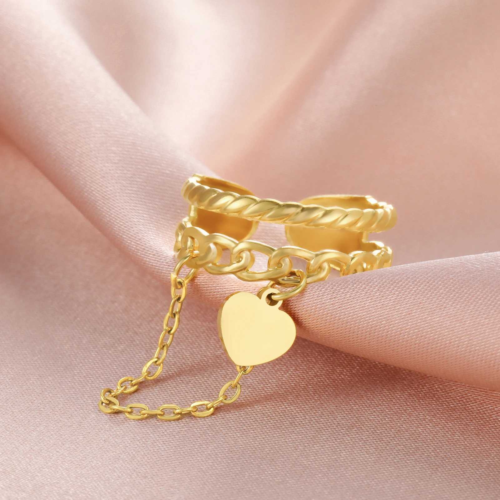 Lemegeton Open Ring for Couple Small Charm Jewelry Stainless Steel Chain Accessories Heart Zircon Beauty Fried Dough Twists New H260328