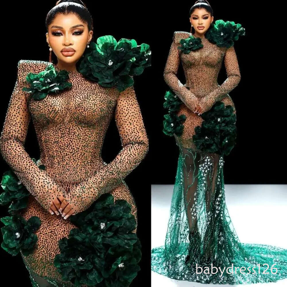 Aso Ebi Dark Green Mermaid Prom Dresses Lace Evening Gowns with Flowers and Crystals - Plus Size Robe de Soiree Mariee Luxe ZD19