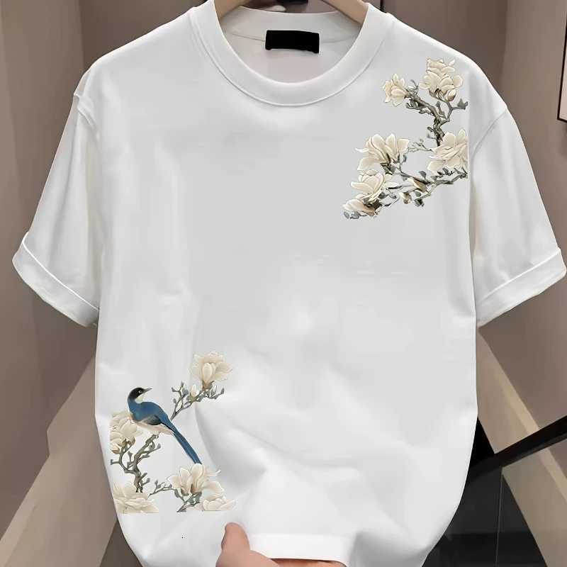 Summer Casual Mens 100 Cotton Versatile Round-neck Short-sleeved T-shirt with Floral Pattern Print Outdoor Soft and Breathable C260326