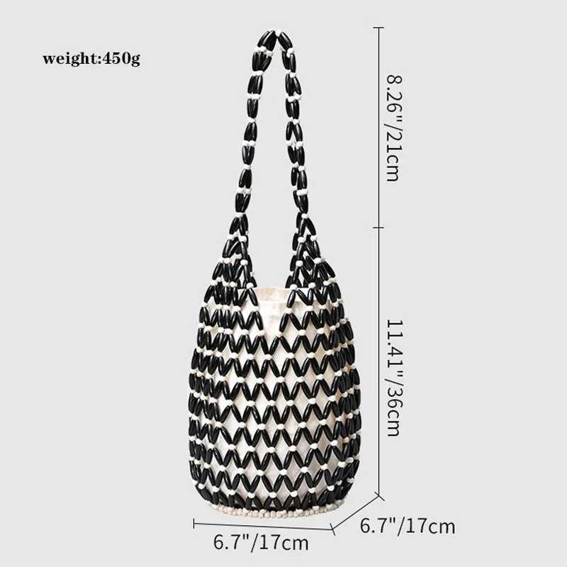 Women Woven Hand Bag Exquisite Design Hollow-out Wooden Bead Tote Bucket Shoulder Bag Female Handmade Beaded Handbag C260327