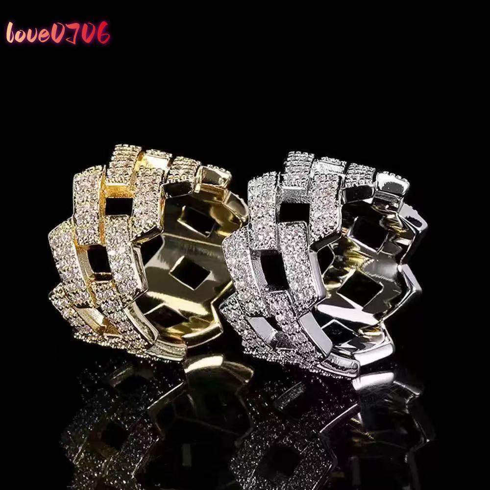 2 Rows Cuban Link Mens Ring D Color Moissanite Iced 925 Sterling Silver Hip Hop Bling Style Pass Diamond Tester GRA Certified