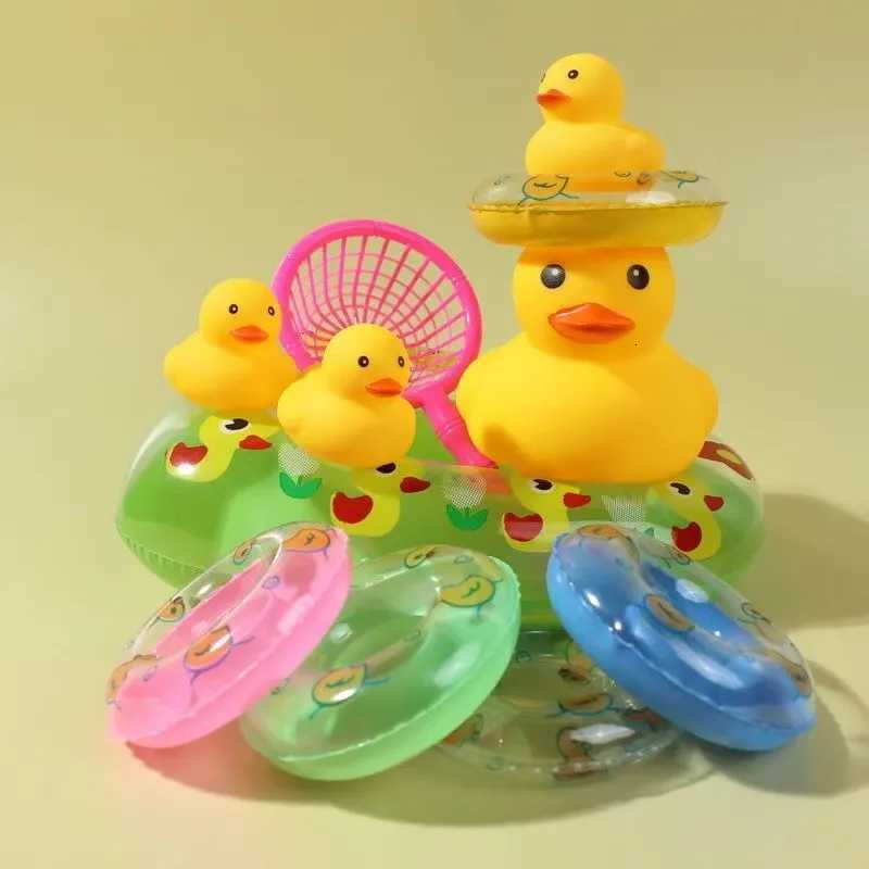 Kids Floating Bath Toys Mini Swimming Rings Rubber Yellow Ducks Fishing Net Washing Swimming Toddler Toys Water Fun Z260328