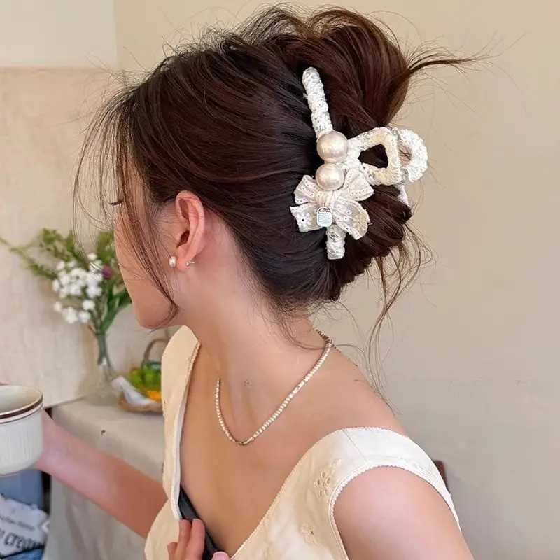 1pc Elegant temperament lace pearl large grab clip new style hair clip high-end shark clip at the back of the head H260328