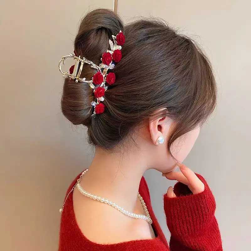 Rose Flower High-End Hairpin New Rose French Style Elegant Back-Of-Head Clip Metal Hair Accessory for Updos Shark Clip H260328