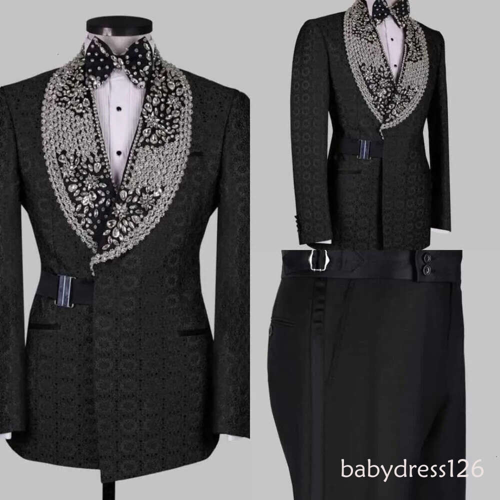 Exquisite Crystal Wedding Tuxedos 2 Piece Set Jacket Pants Jacqusrd Men Suit Shawl Lapel Customized Groom Wear Party Suits ZD19