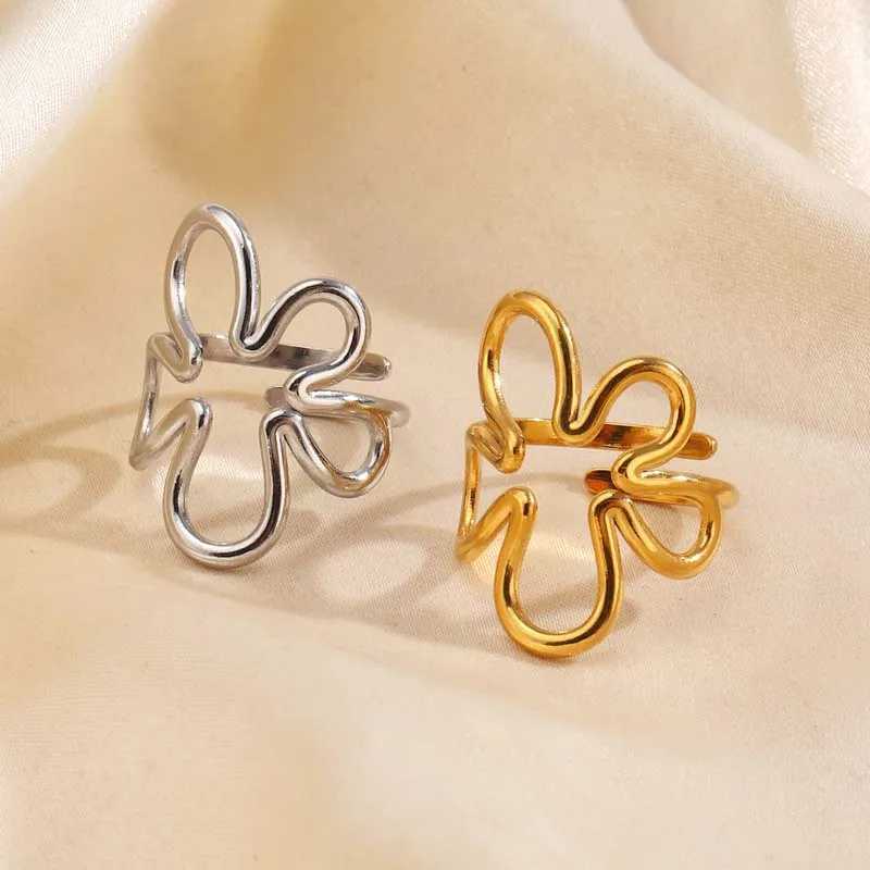 Stainless Steel Gold Color Hollow Flower Open Ring for Women Fashion Adjustable Geometric Lines Finger Ring Party Jewelry Gifts H260328