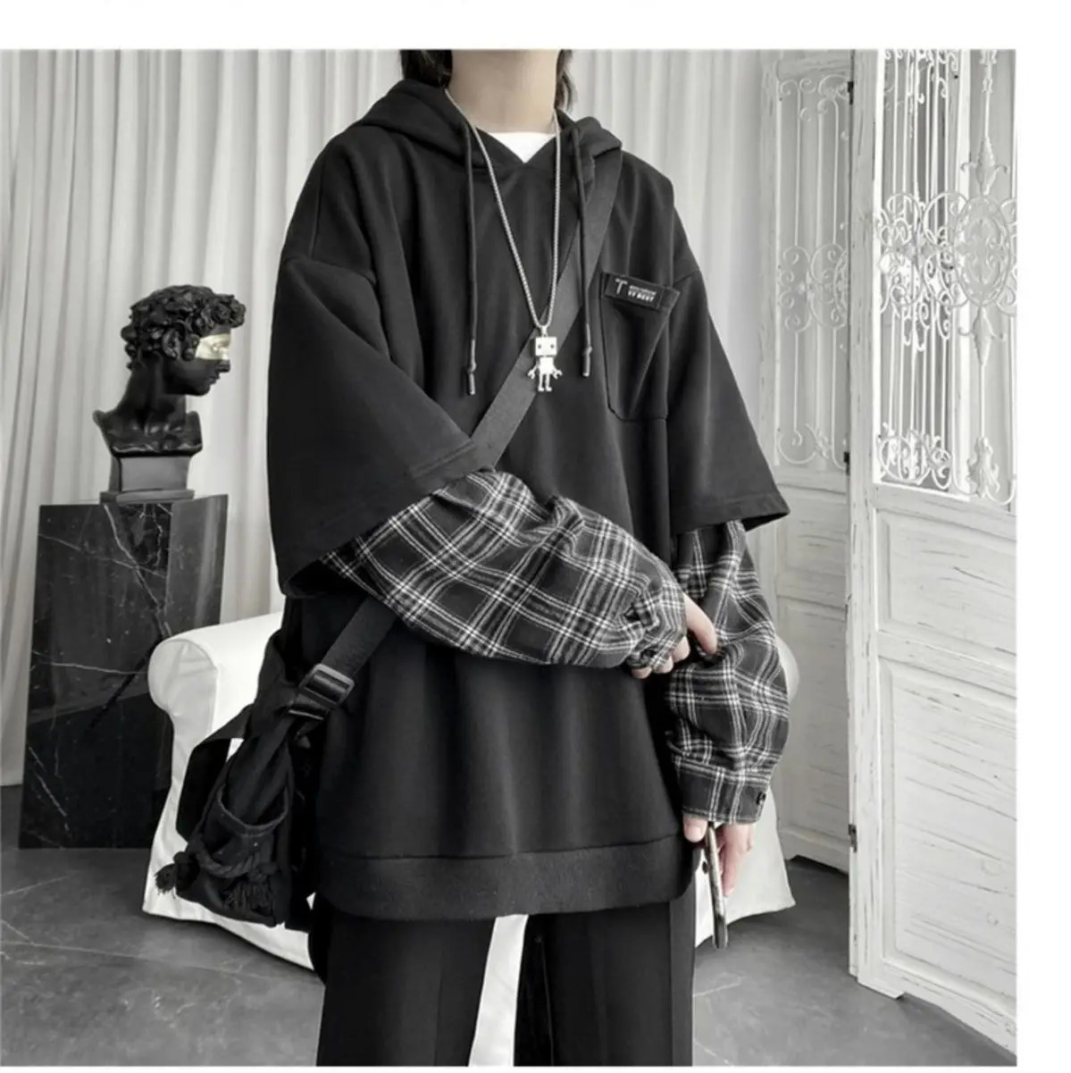 Womens Clothing Two Hoodies Patchwork Plaid Hooded Oversized Tops Korean Y2K Clothes for Teens Harajuku Casual Sweatshirt 260327